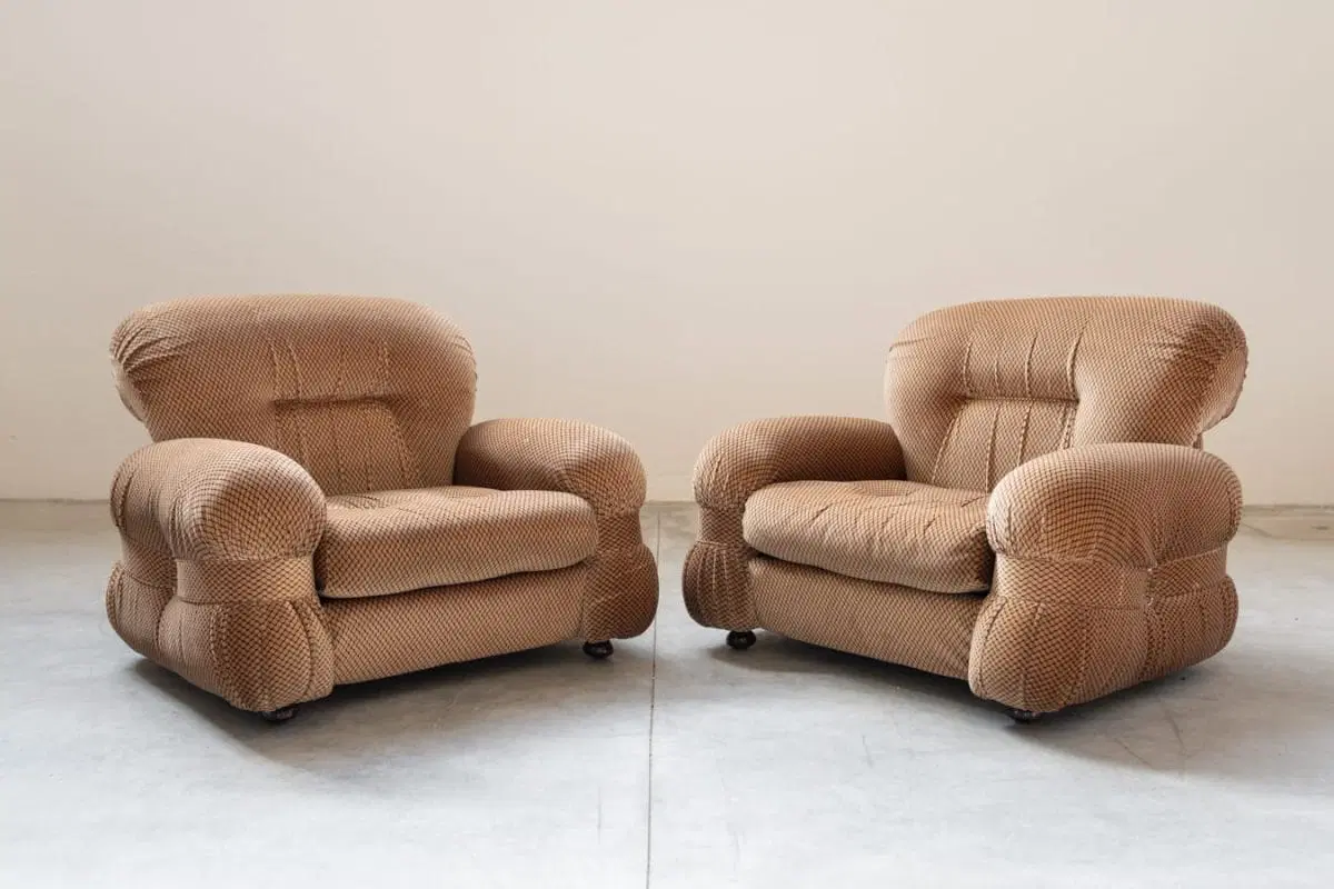 Coppia di poltrone in ciniglia, stile Adriano Piazzesi 1970